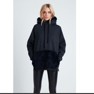 Jocelyn Black Fur Sweatshirt- Rabbit Fur Lined Hood & Front Pocket, size S